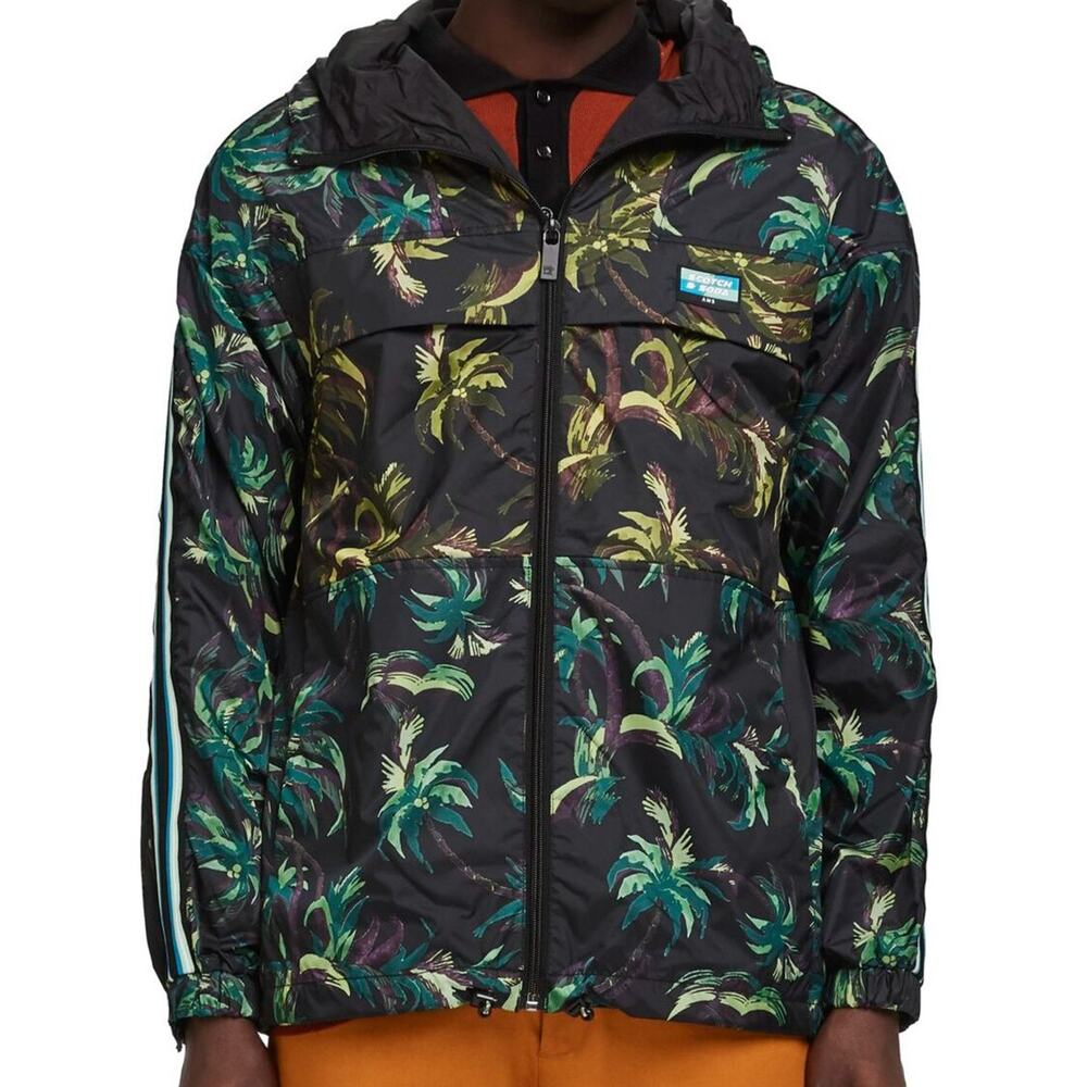 Scotch & Soda Seasonal Palm Print Hooded Rain Jacket Zip Black Green Men's M
